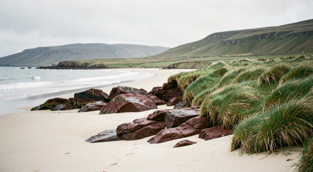 A low, grey headland of dark rock and wet grass under flat cloud, the sea beyond it a dull pewter with a single line of white swell, a folded waterproof jacket and a notebook on a flat stone in the foreground, no people and no animals in frame.