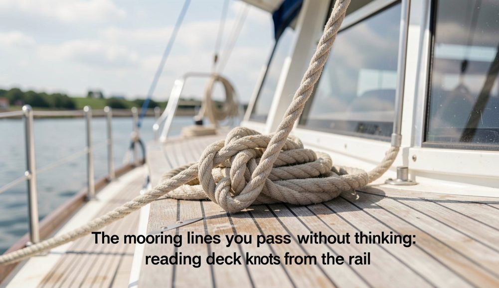A mooring line turned twice around a rusted deck cleat with a grey harbour out of focus behind