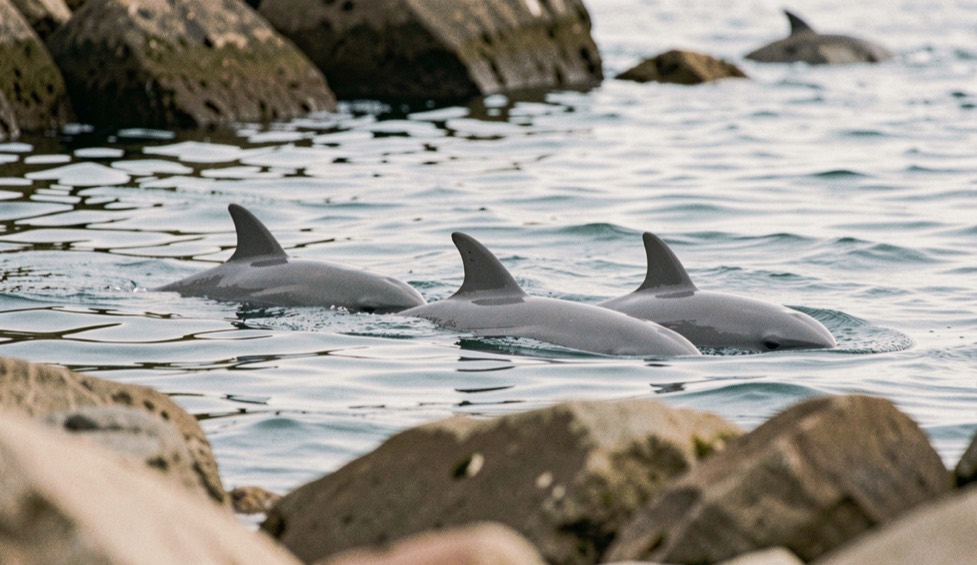 Three harbour porpoises, small and blunt headed with no beak, dark grey with a low triangular dorsal fin, rolling at the surface close under a rocky shore in flat light