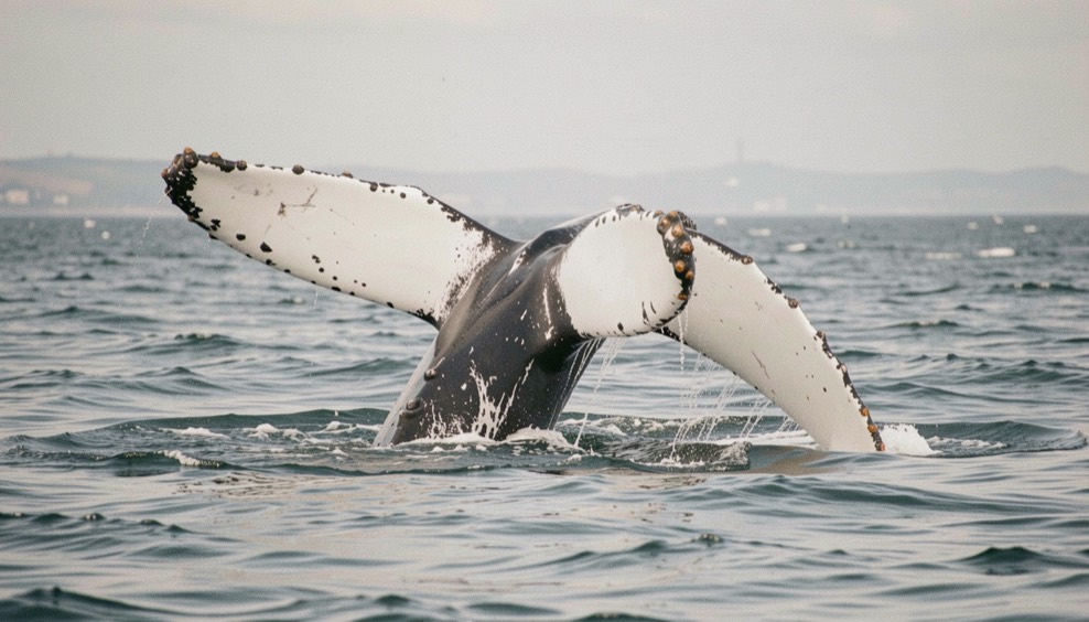A humpback whale raising its broad pale fluke above the sea, with a long white flipper alongside