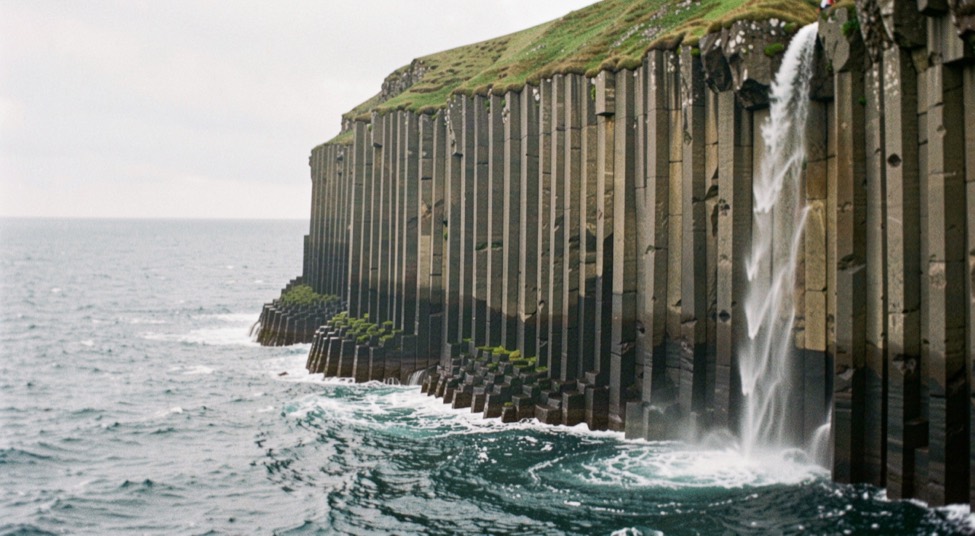Vertical basalt columns dropping to the sea with a waterfall falling from the clifftop