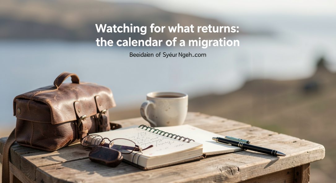 A paper calendar pinned beside a window above a grey sea, one week ringed in pencil and binoculars on the sill