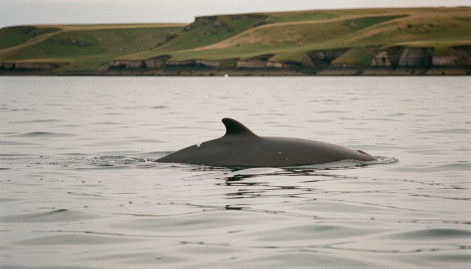 A minke whale showing a dark low back and a small hooked dorsal fin breaking a calm grey sea, with a grassy headland behind