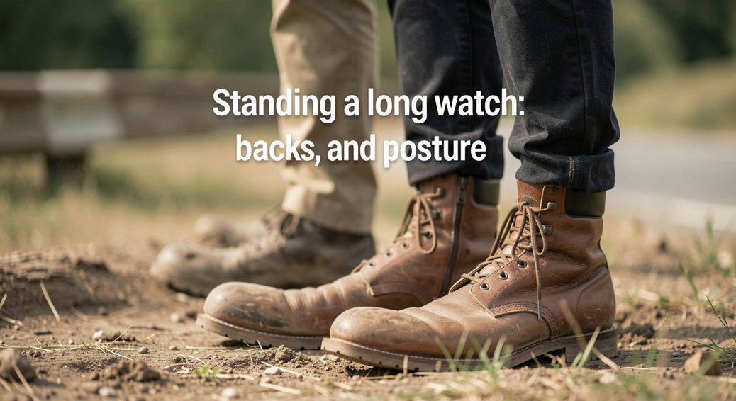 A watcher standing square on a turf clifftop with weight even on both feet and the wide grey sea beyond