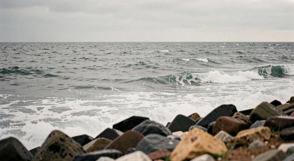 A low, flat headland of dark rock and wet grass under low grey cloud, the sea beyond it a dull pewter with a single line of white water along a skerry, photographed from behind the watch point in flat afternoon light.