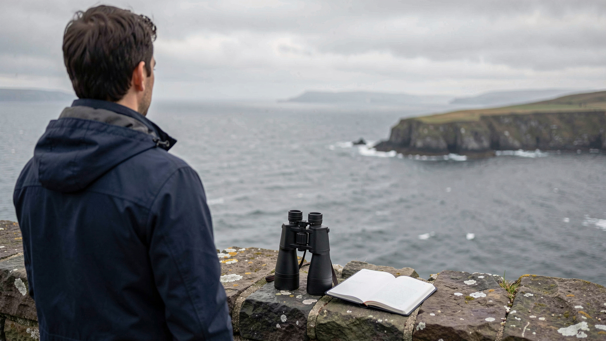 A headland watch point above grey water in the North Minch, binoculars resting on a low stone wall, a notebook open beside them, soft overcast morning light, wide shot from behind the watcher.