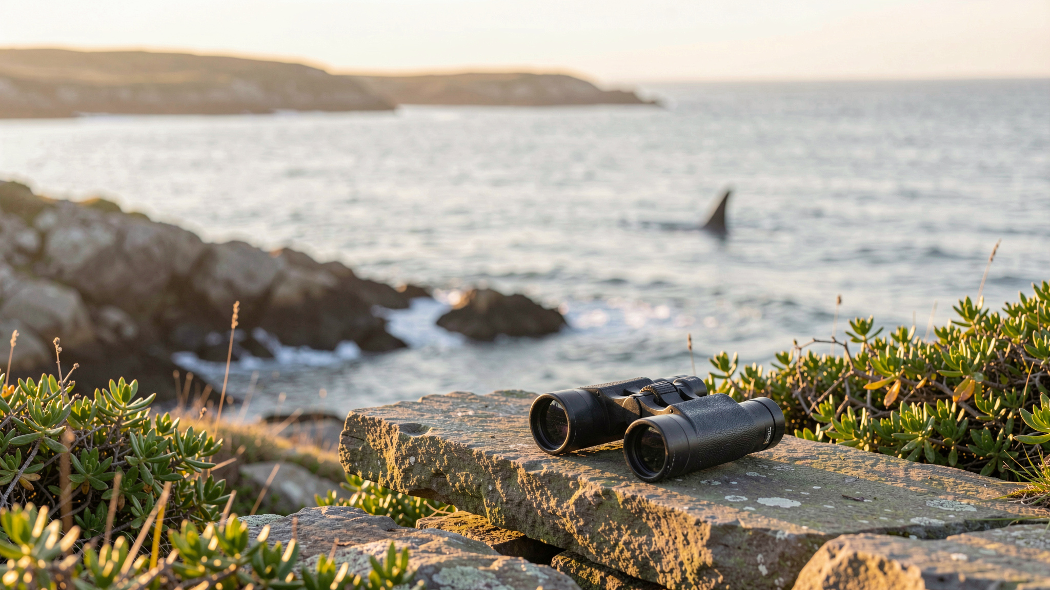 A rocky headland on the North Minch coast at golden hour, with a pair of binoculars resting on a flat stone and a distant dorsal fin breaking the calm water, framed by low green vegetation.